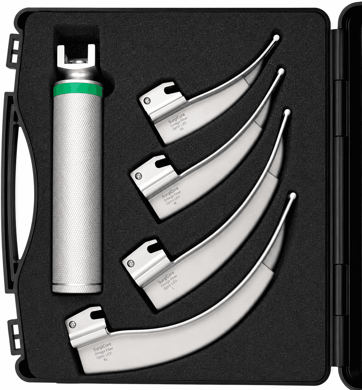 Omega Fiber Optic Laryngoscope Set LED 4 Blades with 1 Handle in Case