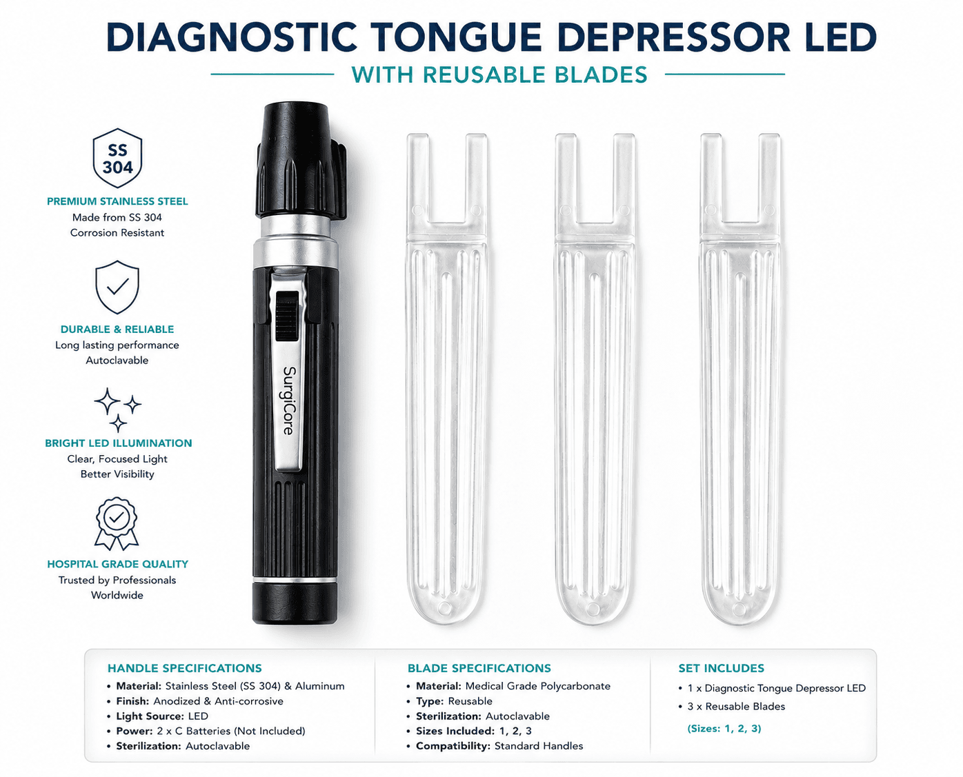 Diagnostic Tongue Depressor LED in Pouch